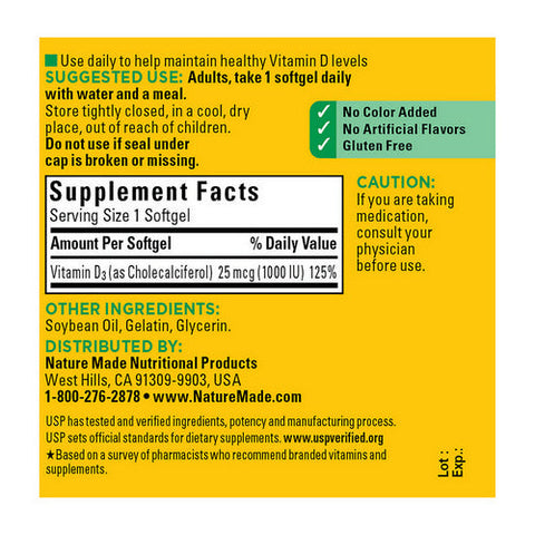 Nature Made, Vitamin D3, 25 Mcg, 100 Softgels Nature Made