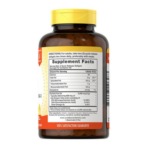 Sundance, Fish Oil Omega-3 Quick Release Softgels Natural Lemon, 1000 mg, 120 Tabs Sundance