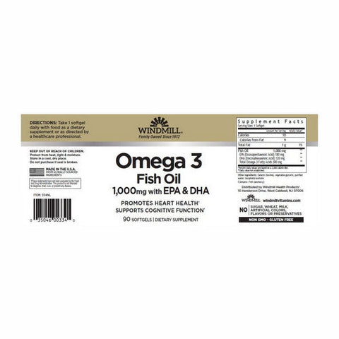 Windmill Health, Omega 3 EPA And DHA Fish Oil, 1000 Mg, 90 Softgels Windmill Health