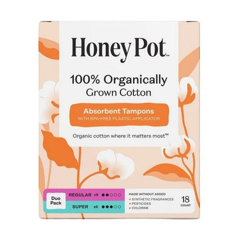 The Honey Pot, Duo Pack 100% Organically Grown Cotton BPA Free Plastic Applicator Tampons, 18 Count The Honey Pot