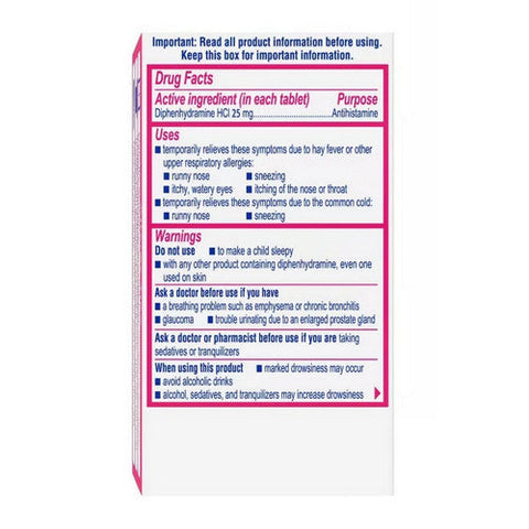 Benadryl, Ultratabs Diphenhydramine Antihistamine Cold And Allergy Relief Tablets, 25 Mg, 100 Count